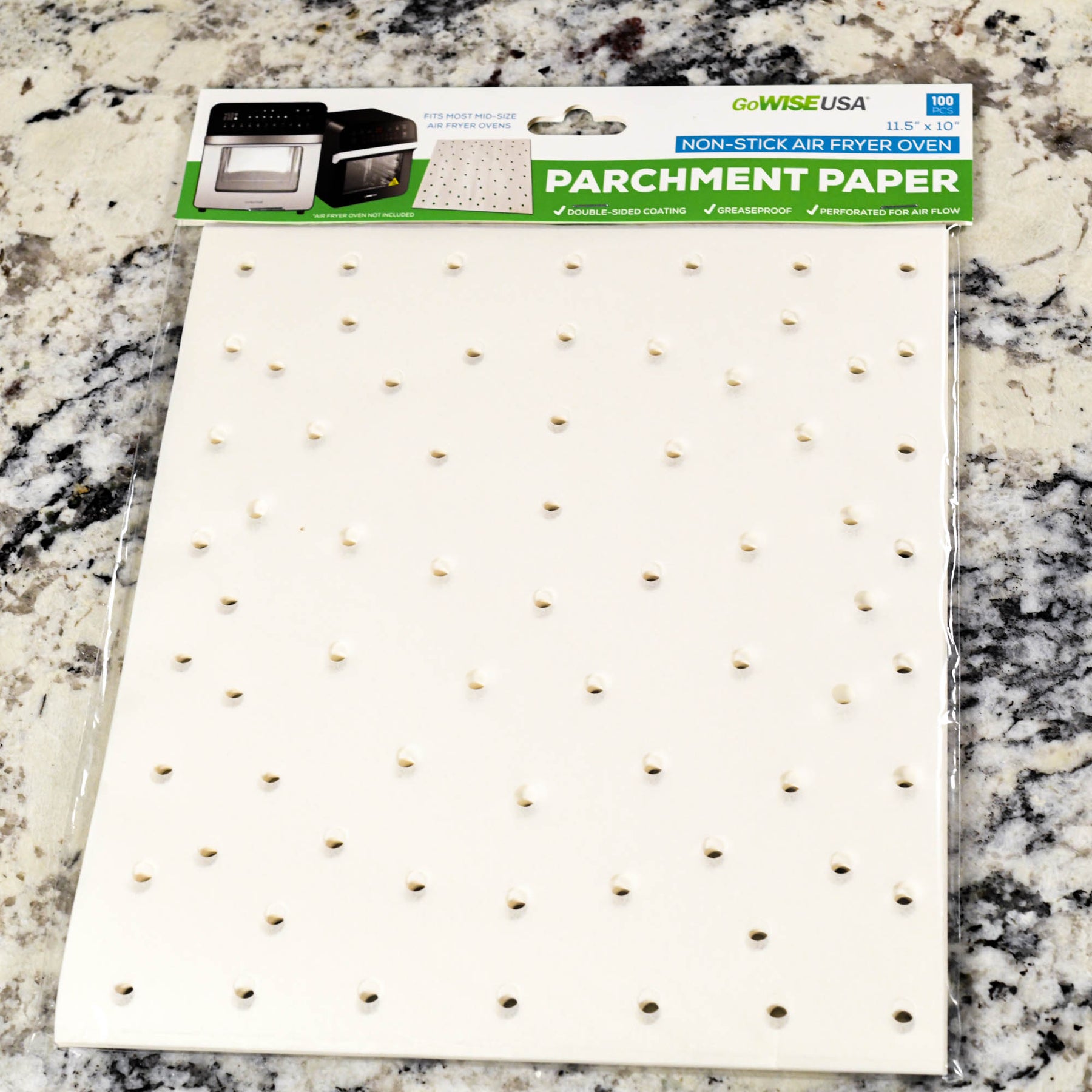 11.5" x 10" Perforated Parchment Non-Stick Liners for Air Fryer Toaster Ovens, 100 Pcs