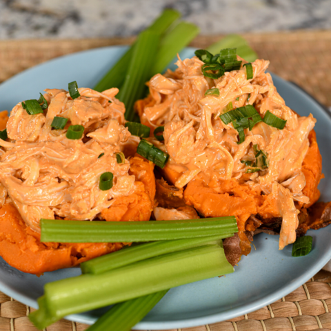 Buffalo Chicken Sweet Potatoes