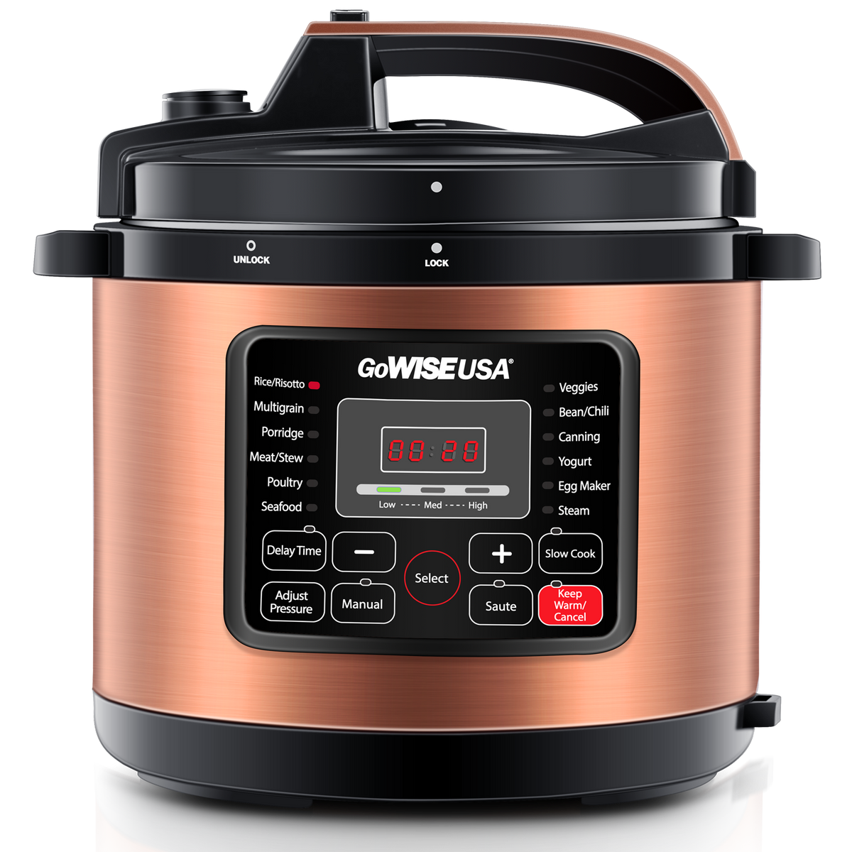 Copper 12-in-1 Pressure Cooker with Measuring Cup and Spoon, Stainless Steel Rack and Steam Basket (6Qt, 8Qt, 10Qt, 12.5Qt) - GoWISE USA