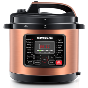 Copper 12-in-1 Pressure Cooker with Measuring Cup and Spoon, Stainless Steel Rack and Steam Basket (6Qt, 8Qt, 10Qt, 12.5Qt) - GoWISE USA