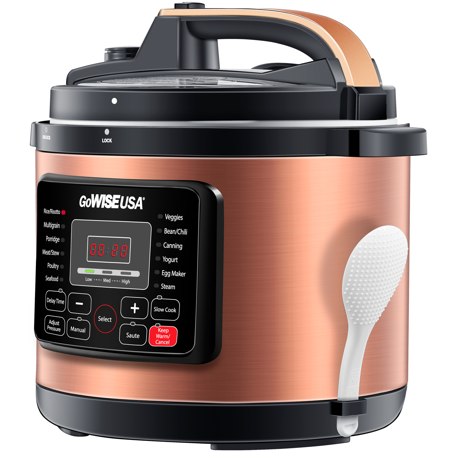 Copper 12-in-1 Pressure Cooker with Measuring Cup and Spoon, Stainless Steel Rack and Steam Basket (6Qt, 8Qt, 10Qt, 12.5Qt) - GoWISE USA