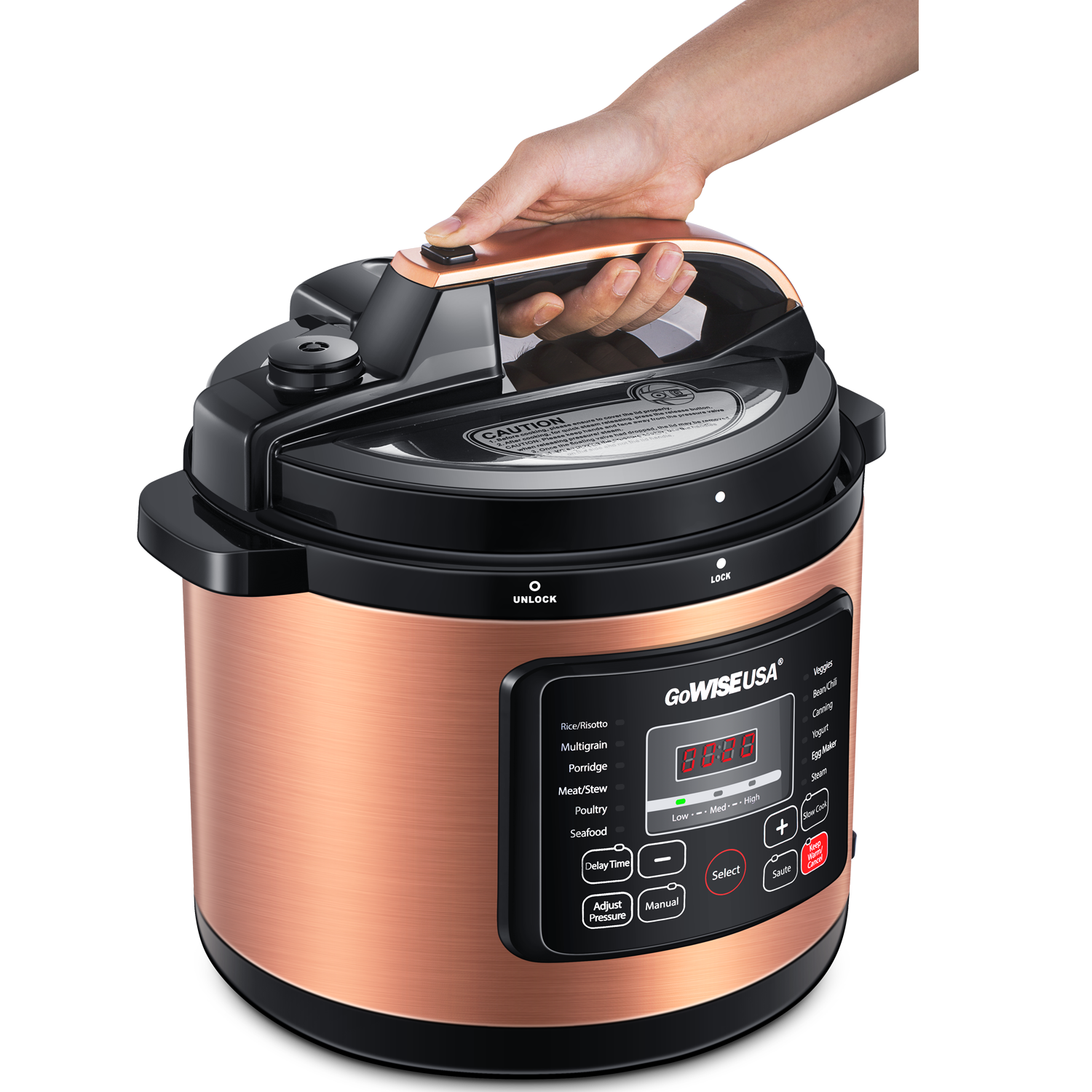 Copper 12-in-1 Pressure Cooker with Measuring Cup and Spoon, Stainless Steel Rack and Steam Basket (6Qt, 8Qt, 10Qt, 12.5Qt) - GoWISE USA