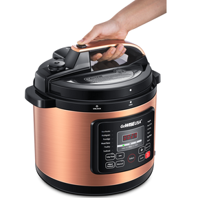 Copper 12-in-1 Pressure Cooker with Measuring Cup and Spoon, Stainless Steel Rack and Steam Basket (6Qt, 8Qt, 10Qt, 12.5Qt) - GoWISE USA