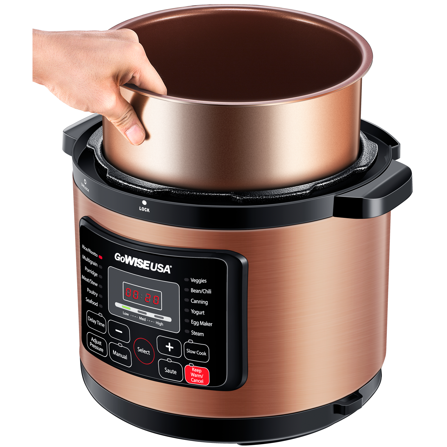 Copper 12-in-1 Pressure Cooker with Measuring Cup and Spoon, Stainless Steel Rack and Steam Basket (6Qt, 8Qt, 10Qt, 12.5Qt) - GoWISE USA