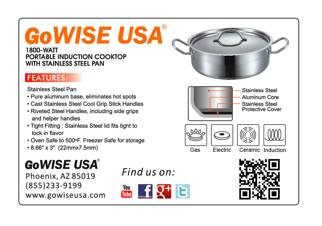 Portable Induction Cooktop with Stainless Steel Pan GW22616 - GoWISE USA