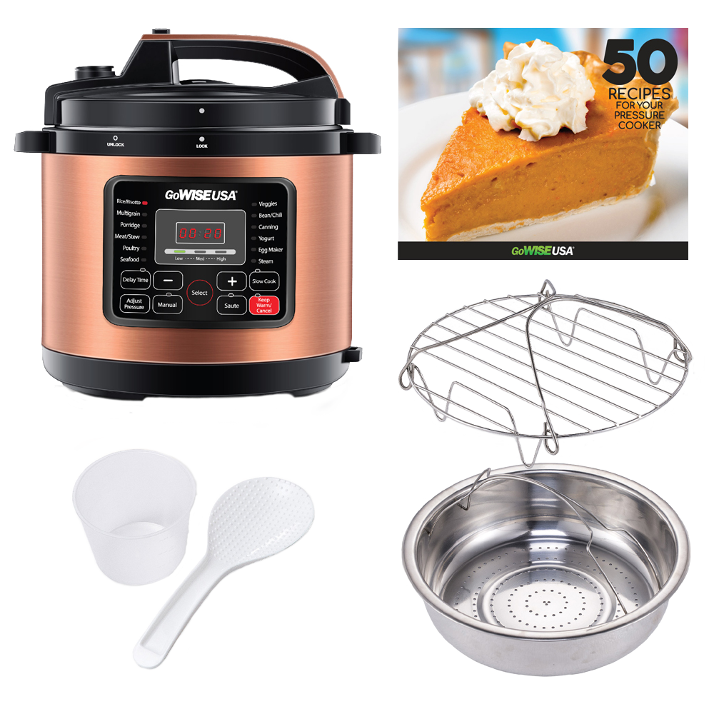 Copper 12-in-1 Pressure Cooker with Measuring Cup and Spoon, Stainless Steel Rack and Steam Basket (6Qt, 8Qt, 10Qt, 12.5Qt)